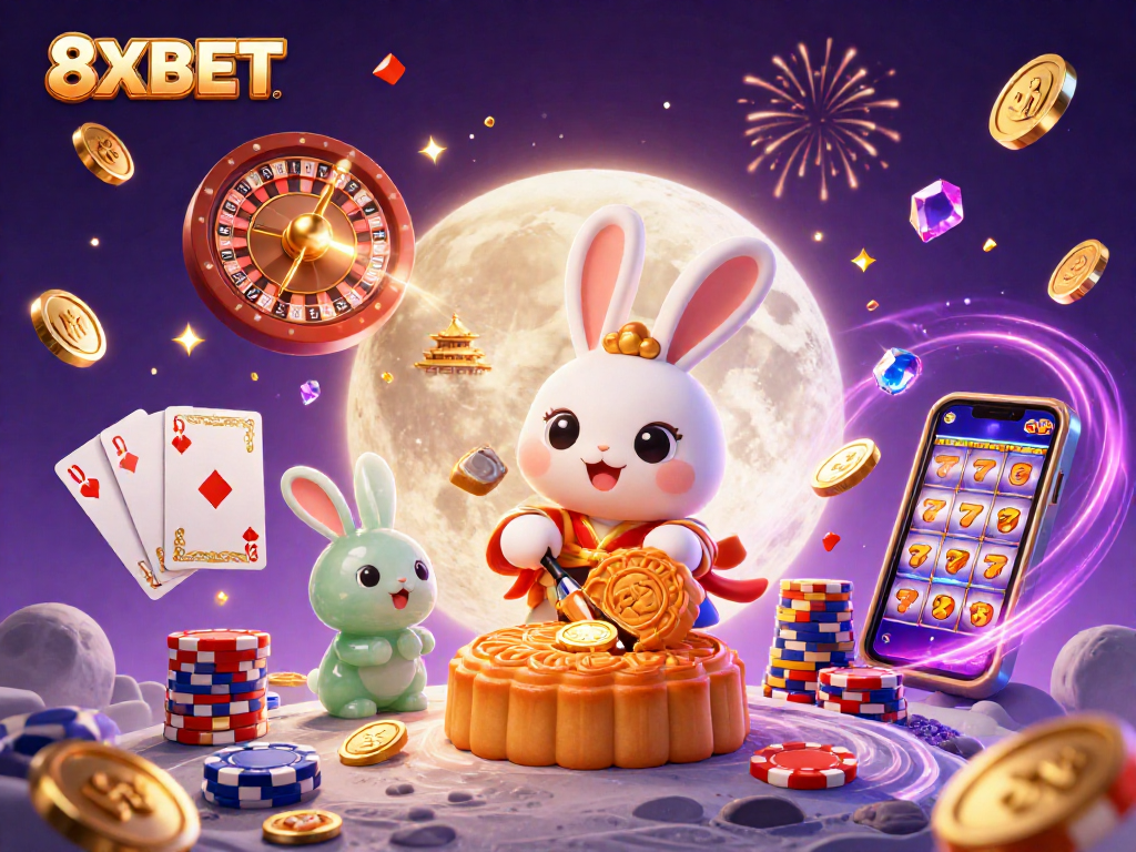 Win big with the exciting 8XBET games featuring a whimsical moon rabbit and casino elements.