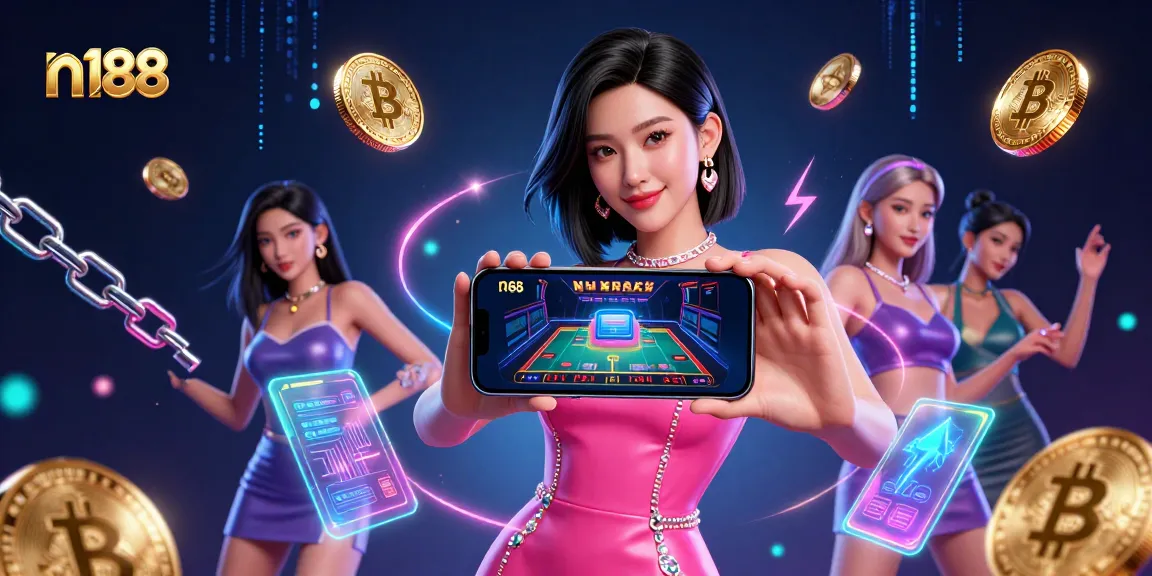 Engage with n188's premier live dealer casino games displayed on a smartphone amidst vibrant gaming elements.