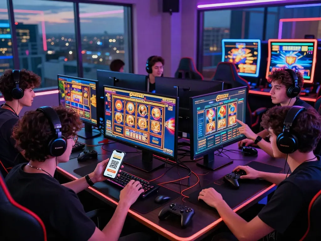 Exciting gaming setup showcasing players engaging with slot gacor games and fast QRIS deposits.