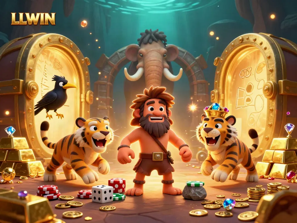 LLWIN's dynamic casino scene with characters and riches creating an immersive gaming experience.