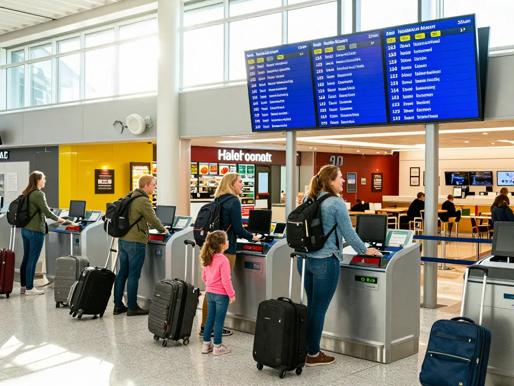 Travelers heading to Heathrow Airport from Halifax at busy airport terminal, showcasing excitement.