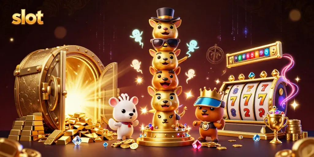 Engage in thrilling slot games surrounded by dynamic casino elements like golden treasures.