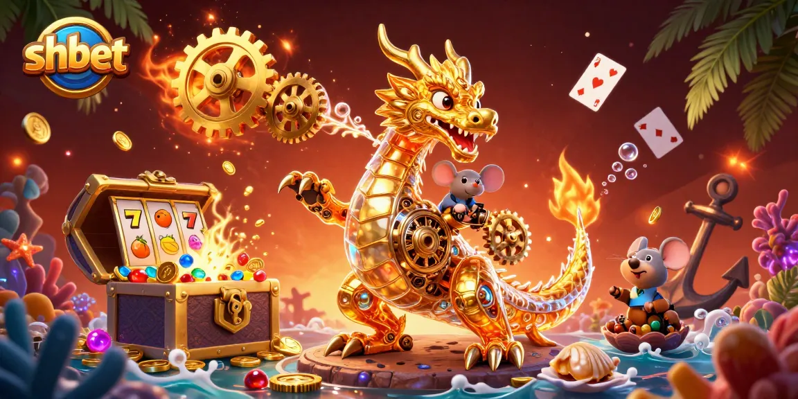 Engage with SHBET's vibrant gambling world featuring a golden dragon amid slot and treasure elements.