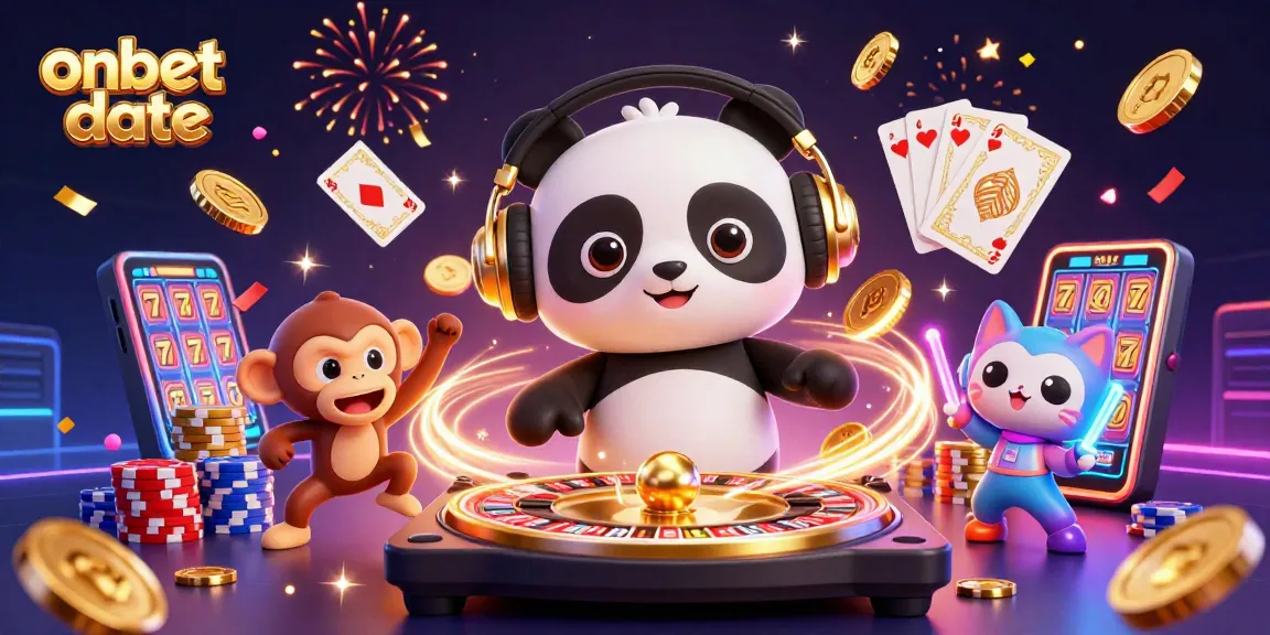 Experience excitement at onbet date with a DJ panda, breakdancing monkey, and glow-stick kitten surrounded by casino elements.