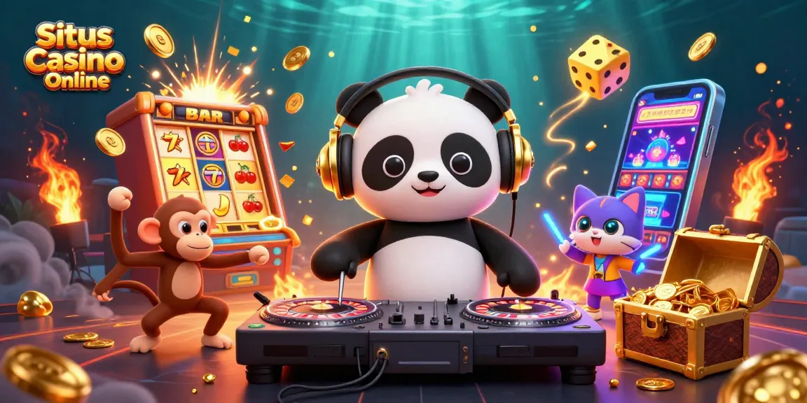 Situs Casino Online features a DJ panda and breakdancing monkey in a vibrant casino scene bursting with excitement.