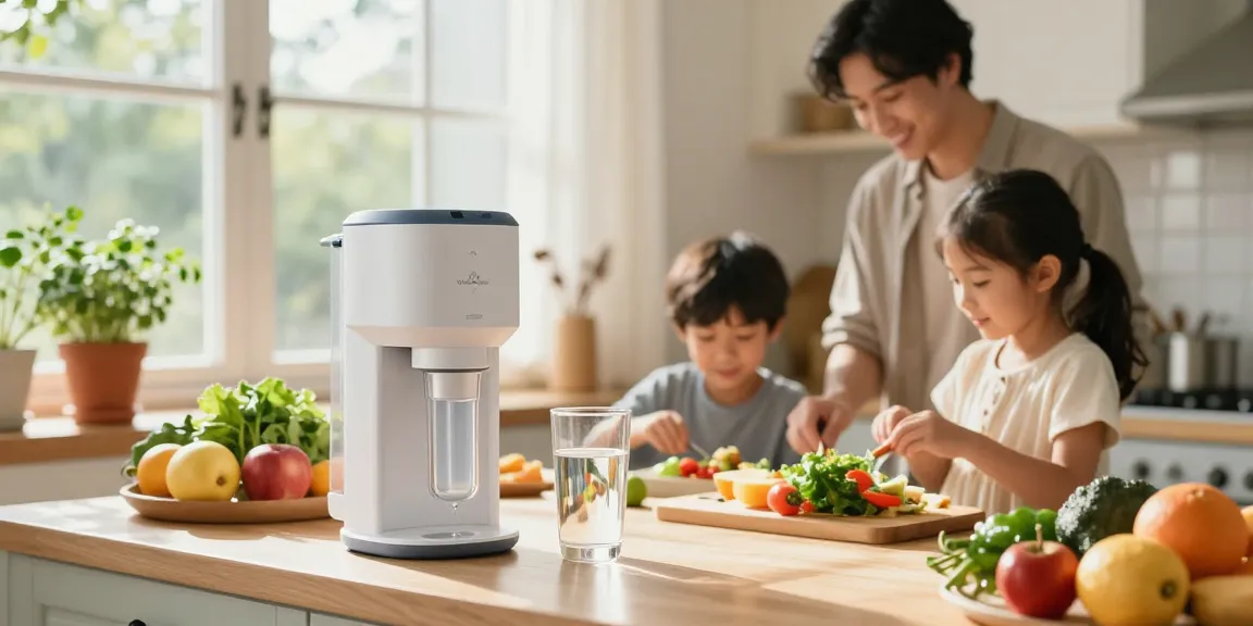 Family enjoying clean water from the Waterdrop 3-Stage Whole House Water Filter System in a bright kitchen.
