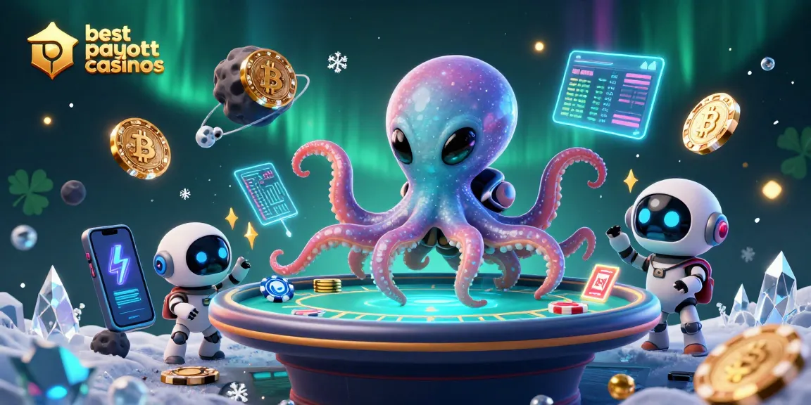 Explore the best payout casinos with a vibrant alien octopus at a holographic poker table.
