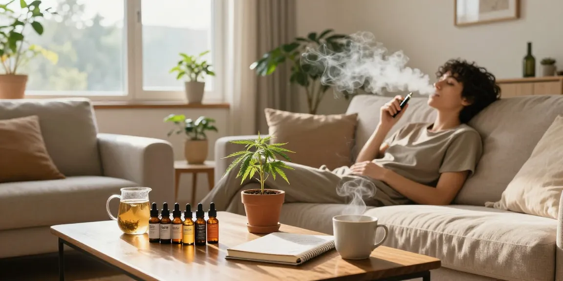 Disposable THC vape pen in a cozy wellness scene showcasing organic CBD products, offering a clean and natural experience.