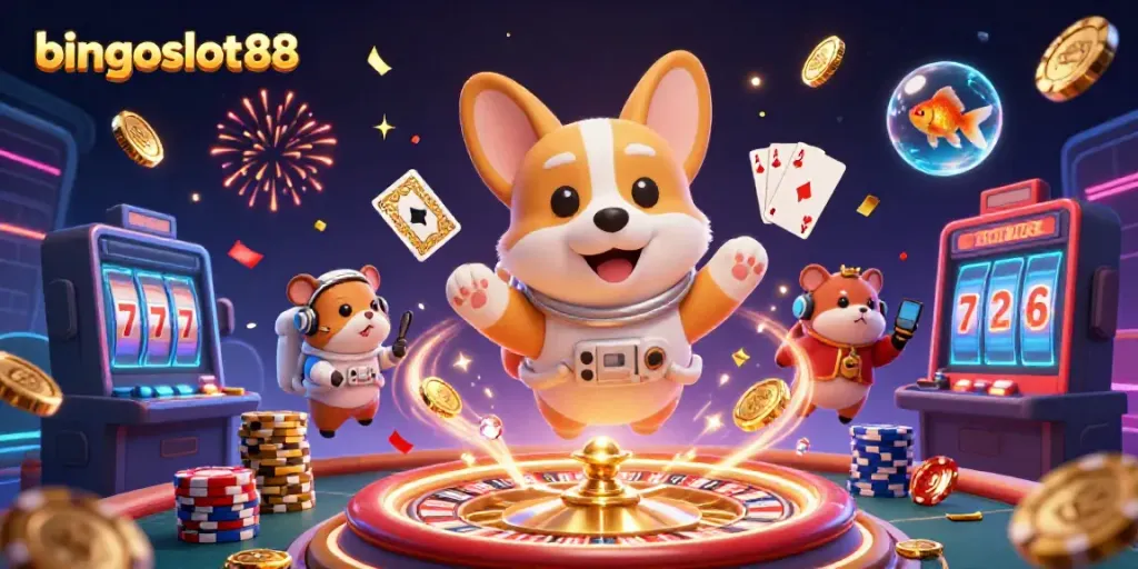 Permainan seru bingoslot88 di kasino luar angkasa dengan koin emas dan karakter lucu.