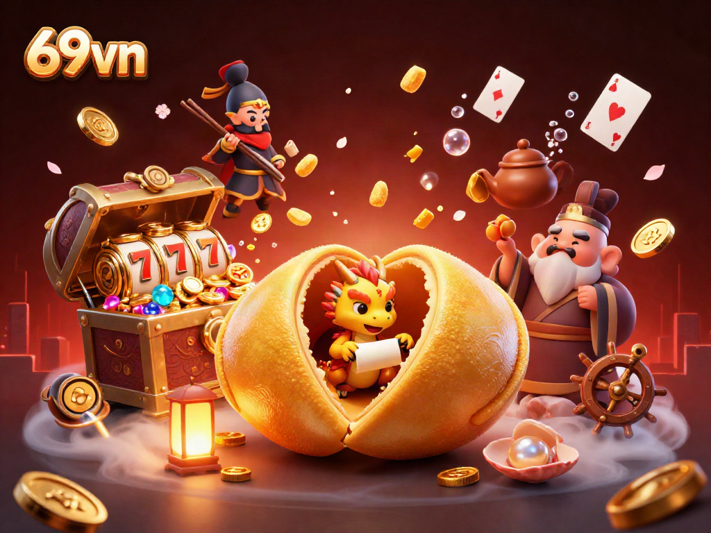Experience the excitement of 69vn with a vibrant casino-themed illustration depicting slots, treasures, and characters.