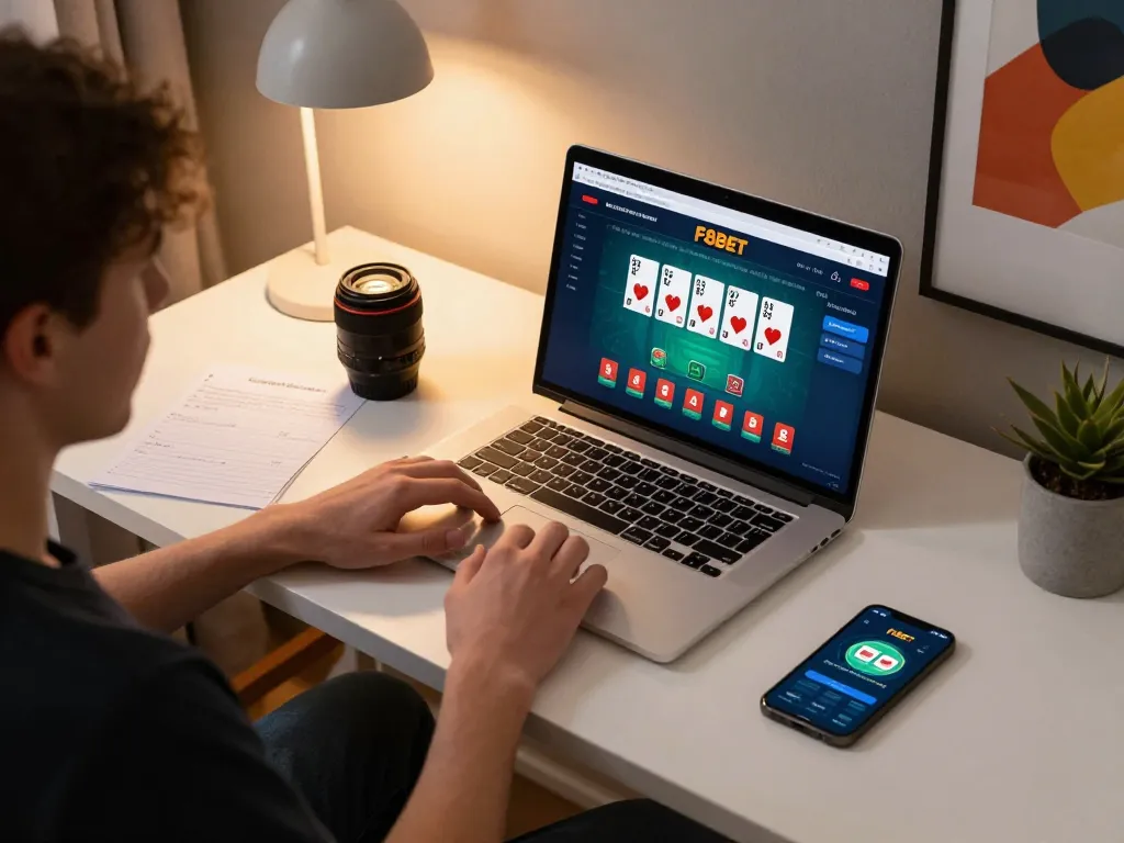 Experience online gambling with F8BET poker gameplay on a stylish desk setup.