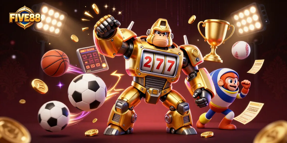 Experience the excitement of FIVE88 as a golden gorilla mech slots action unfolds amidst dynamic sports visuals.