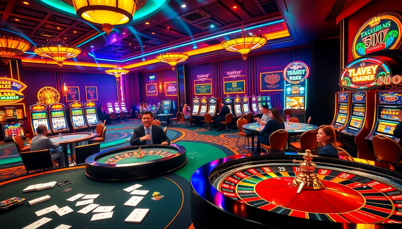 Players enjoying the excitement of gambling at jun88.buzz with vibrant casino tables and slot machines.