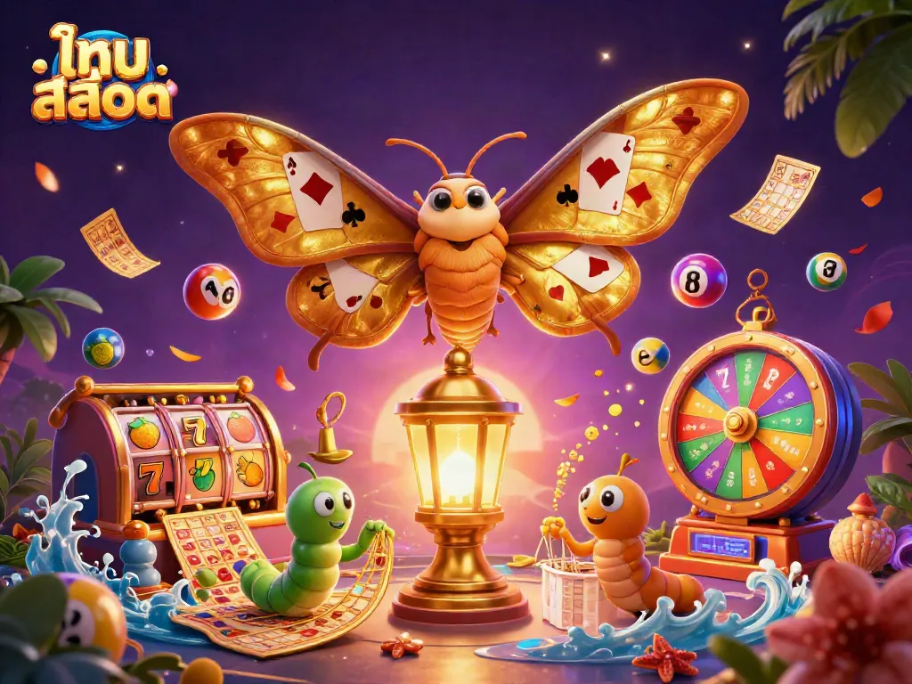 Engage in ไทย สล็อต with a vibrant casino scene featuring atlas moths, slots, and lively game elements.