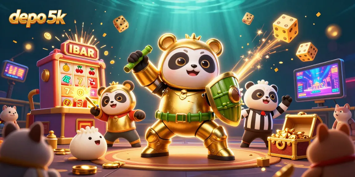Spin the reels of depo 5k with vibrant 3D illustration featuring a golden panda in action.