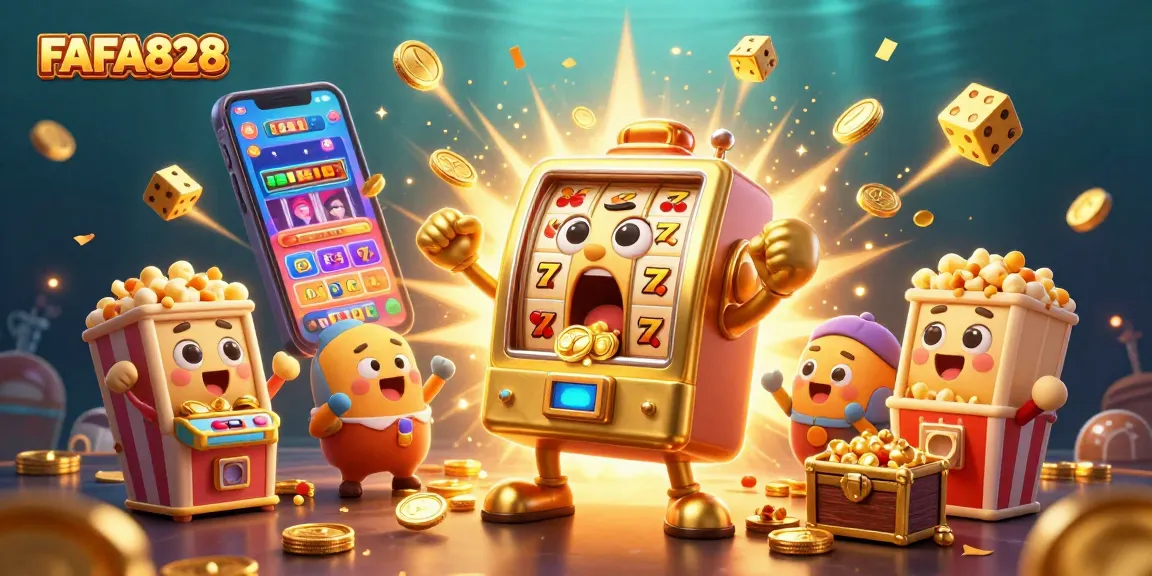 Spin the stunning FAFA828 slot machine as coins overflow in this vibrant 3D casino scene.