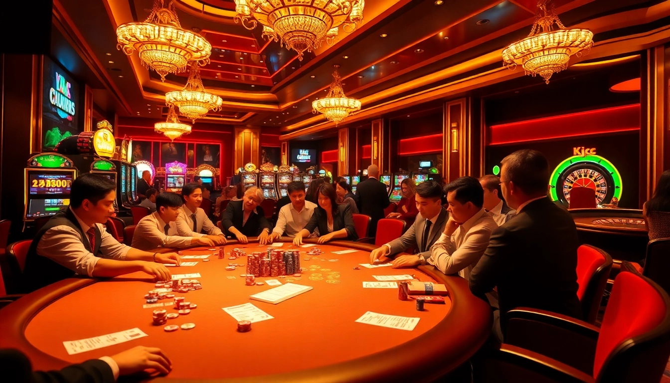 KJC showcases thrilling poker gameplay amidst a luxurious casino setting with vibrant slots and chips.