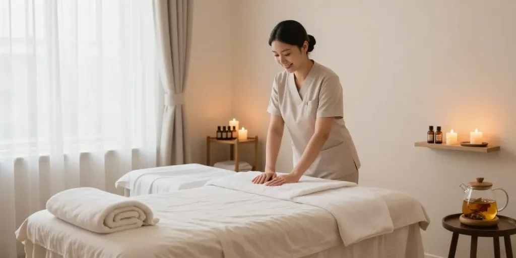 신촌출장마사지 therapy room with calming ambiance, essential oils, and soothing light.