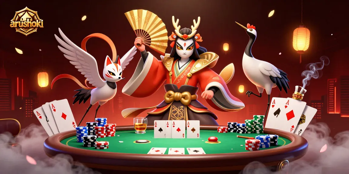 ARUSHOKI mempersembahkan karakter kabuki dan kitsune dalam permainan poker yang penuh warna.