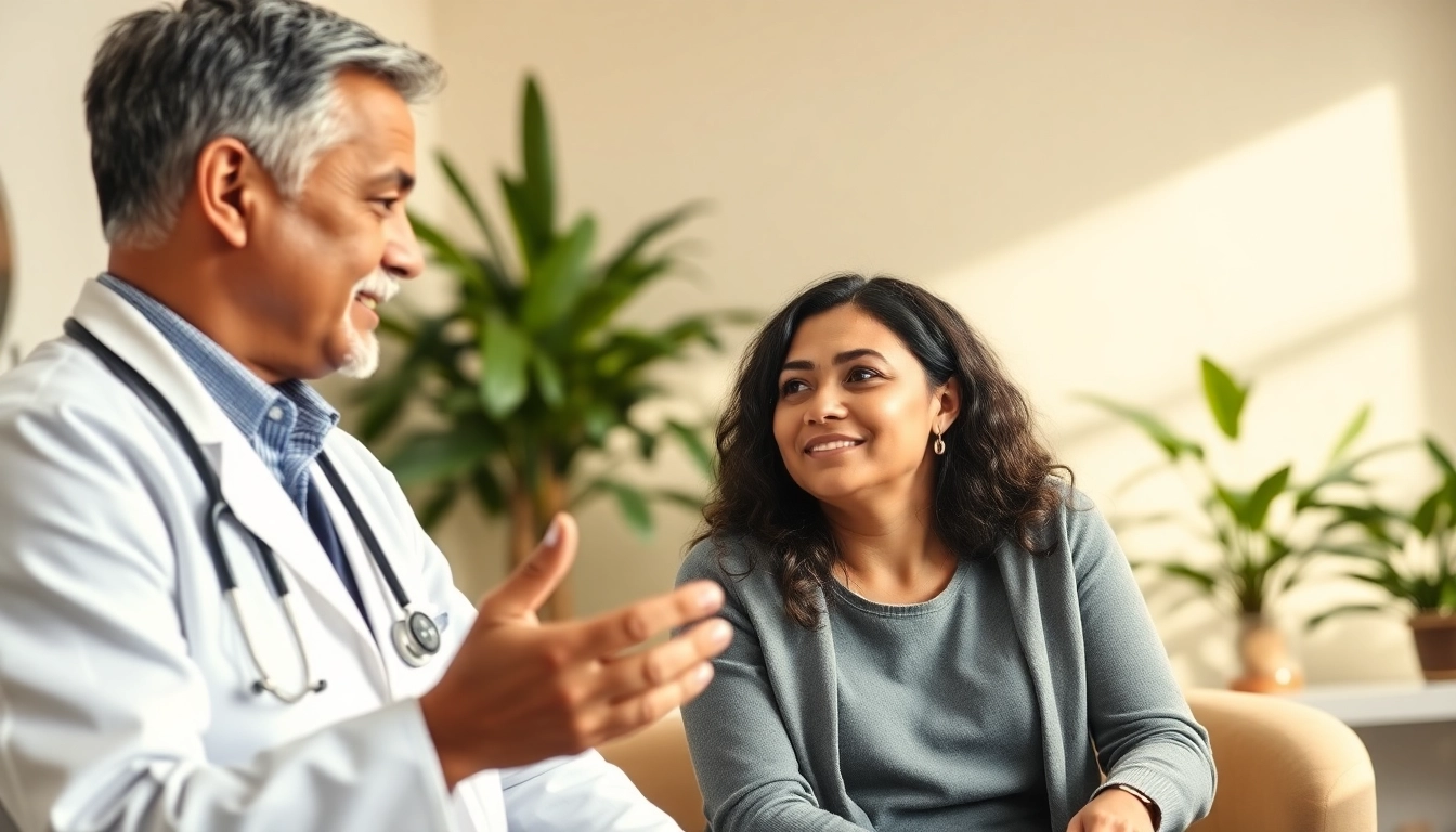 Engaging healthcare conversation about Medical marijuana card online in a bright clinic.
