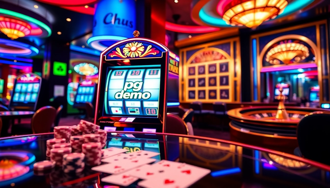 Playing the pg slot demo on a luxurious casino slot machine surrounded by poker chips and cards.