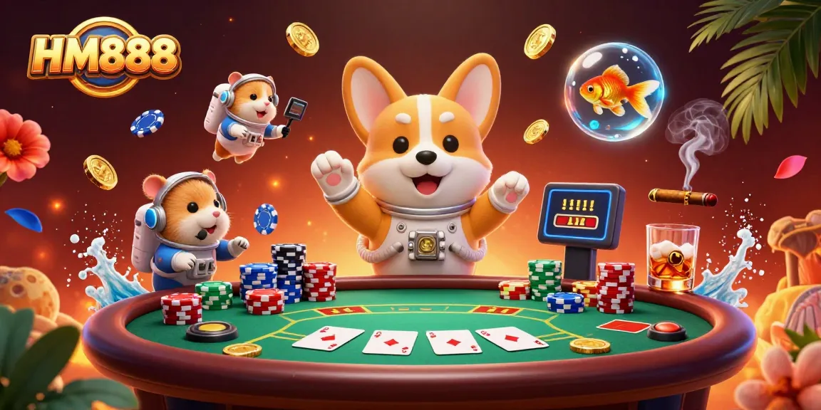 Experience the thrill of HM888 casino with a corgi astronaut amidst floating poker chips in space.