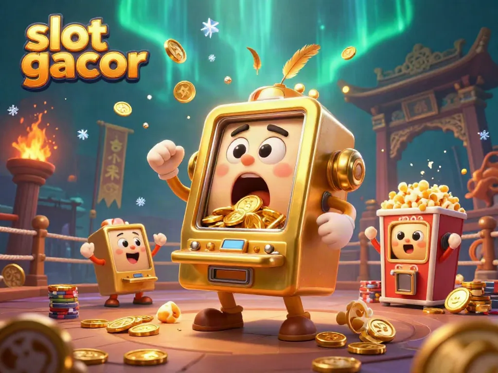 Slot gacor menunjukkan mesin slot emas mengejutkan saat jackpot dengan koin jatuh.