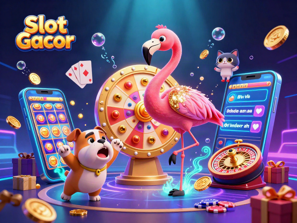 Win big with Slot Gacor in this vibrant 3D casino scene filled with exciting gaming elements.
