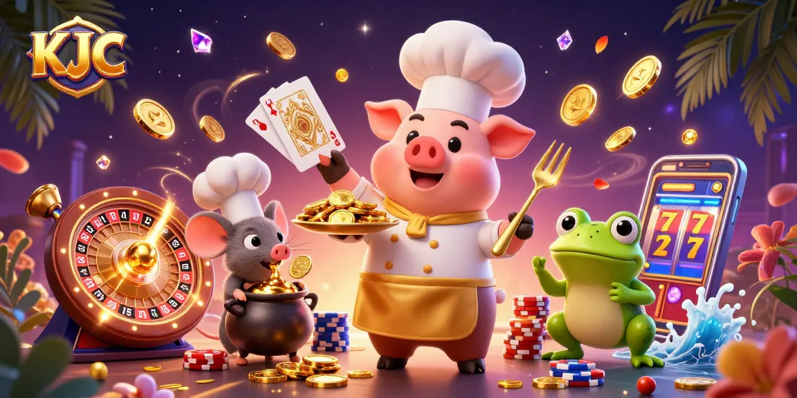 KJC elevates online gaming with a festive scene featuring gourmet gold coins and playful characters.