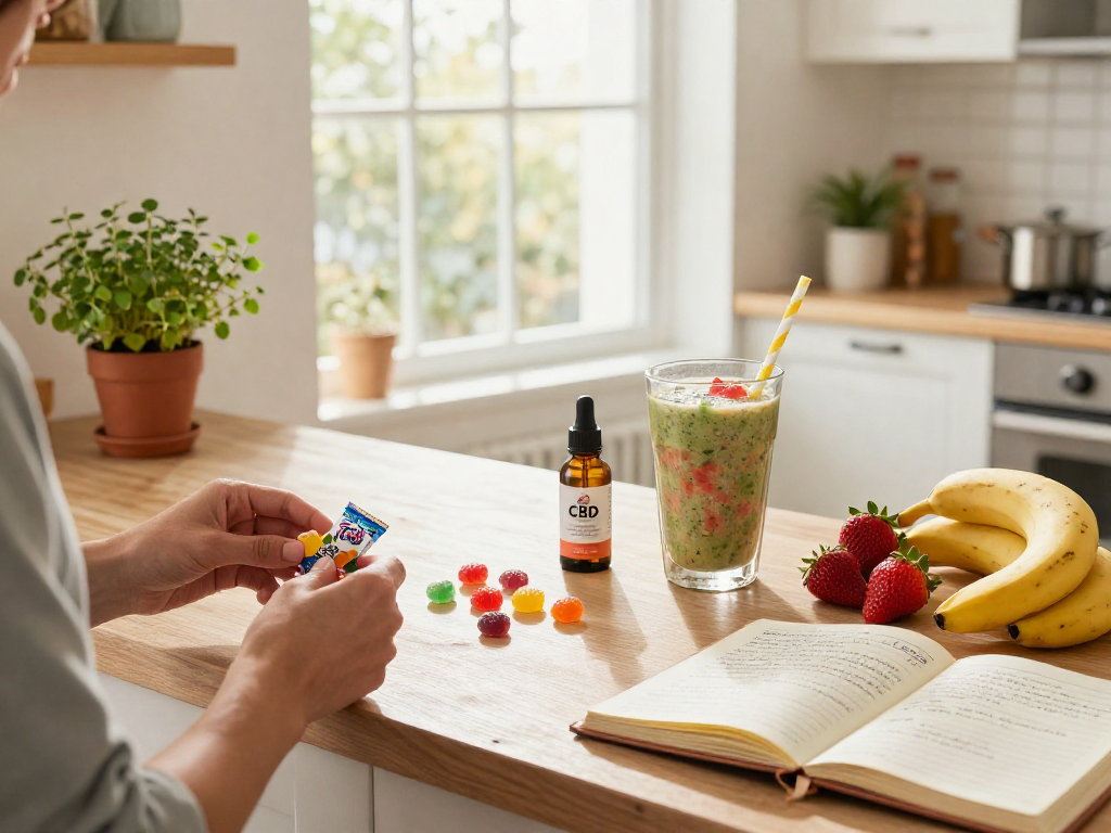 Trolli sweets UK displayed alongside CBD oil and fresh fruits in a vibrant kitchen setting, highlighting natural wellness.