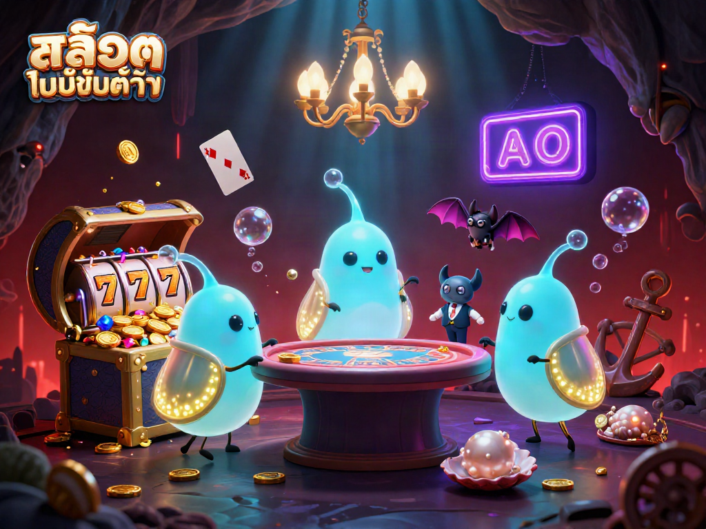 Engage in สล็อตไม่มีขั้นต่ำ action with a vibrant 3D cartoon casino scene featuring glowworms and treasures.