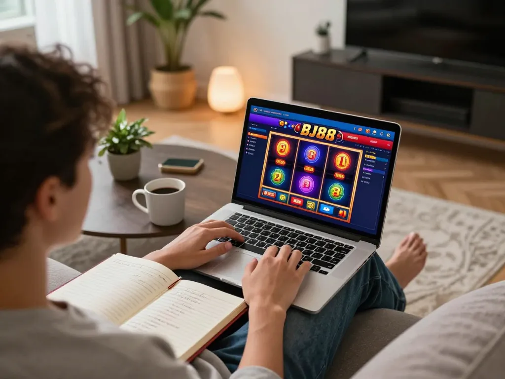 Engaging with BJ88 online casino from a stylish home setting, laptop displaying vibrant games.