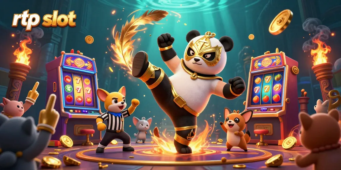 Engage with rtp slot gameplay as a panda wrestler performs a kick, surrounded by colorful slot symbols.