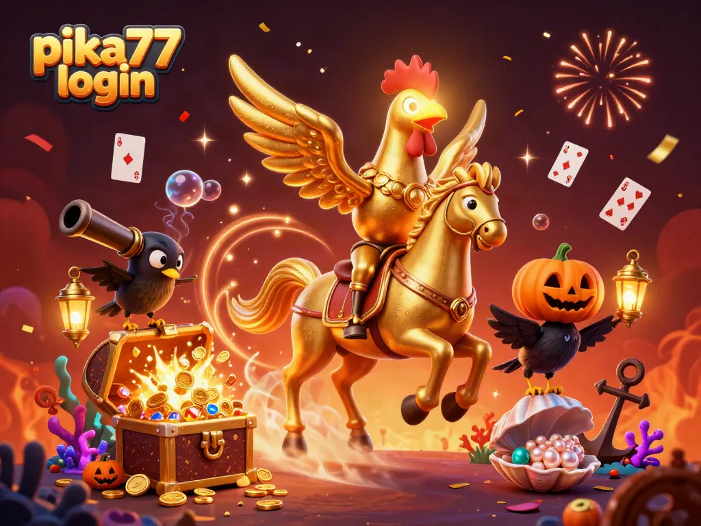 Join the excitement with pika77 login at this vibrant online casino featuring a golden rooster and thrilling game elements.