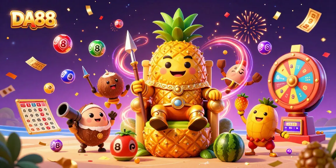 Engage with DA88 at a beach casino featuring a golden pineapple king and vibrant lottery elements.