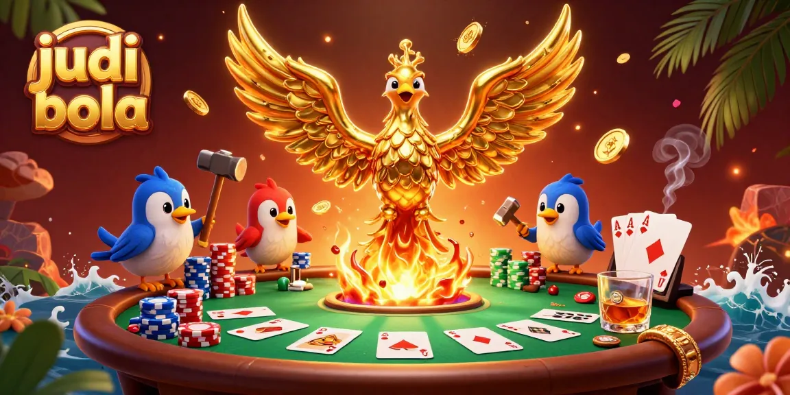 Experience thrilling judi bola action with a golden phoenix, poker chips, and rich casino elements.