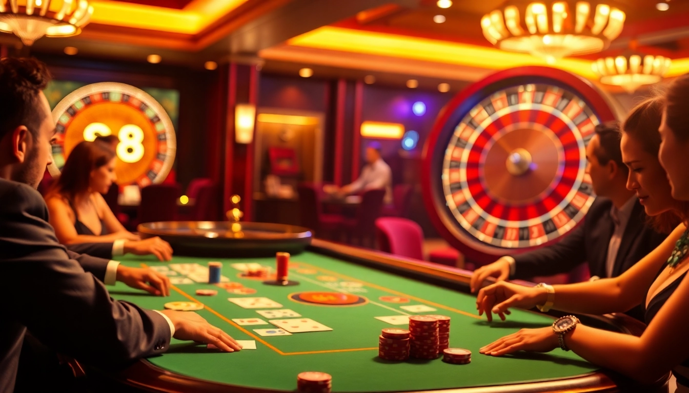 S8 players engaging in a vibrant casino scene with poker chips and a roulette wheel.