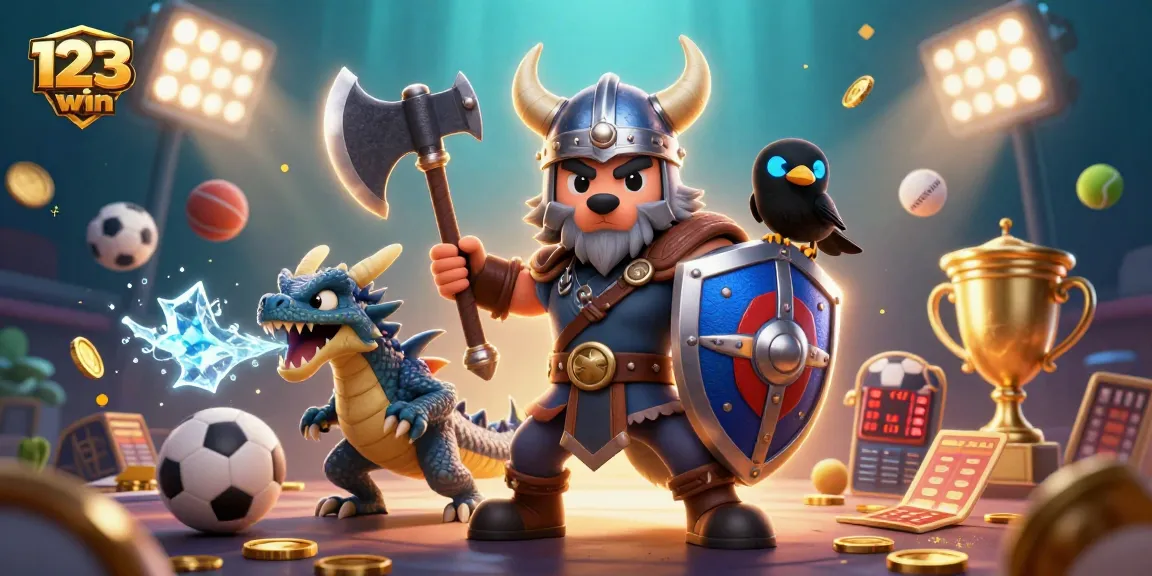 Experience the excitement at 123win with a dynamic 3D cartoon gambling scene featuring a heroic wolf warrior.