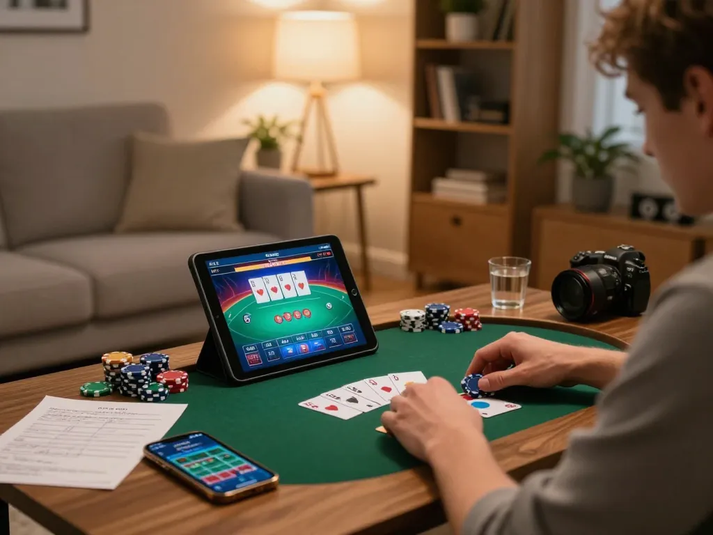 Player analyzing strategies on a hidden wiki website while engaging in online poker from home.
