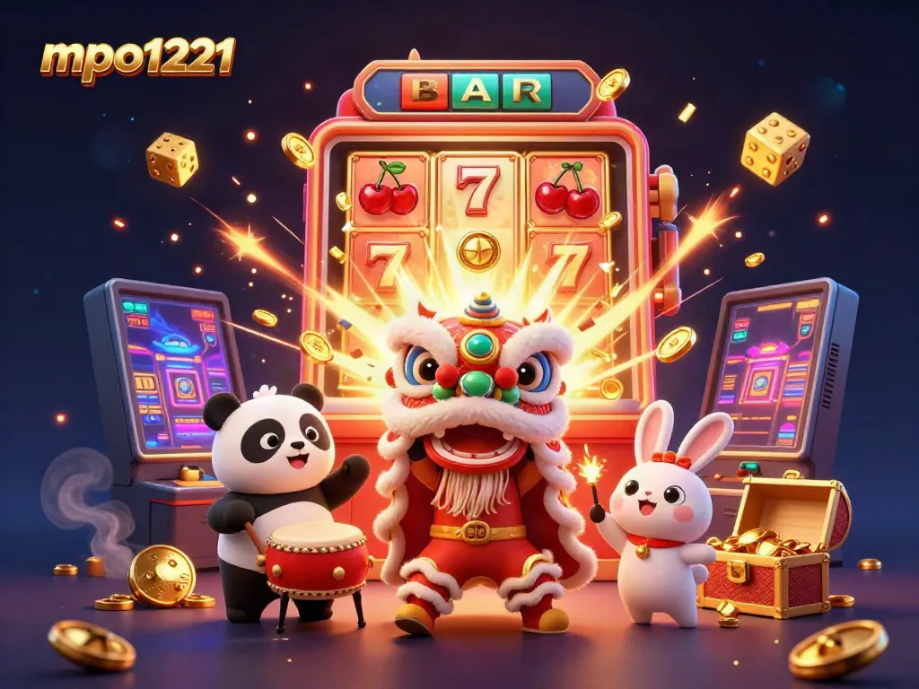 Join the excitement of mpo1221 with a festive lion dance and vibrant slot machine themes.