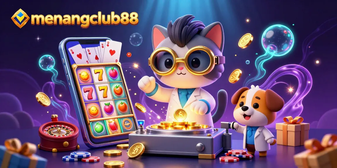 Experience the excitement of menangclub88 with the science of gaming in a playful 3D illustration featuring a mad scientist cat, a dog assistant, and dynamic casino elements.