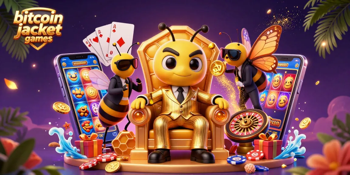Spin the reels of exciting bitcoin jackpot games, featuring a vibrant 3D scene with animated characters and casino elements.