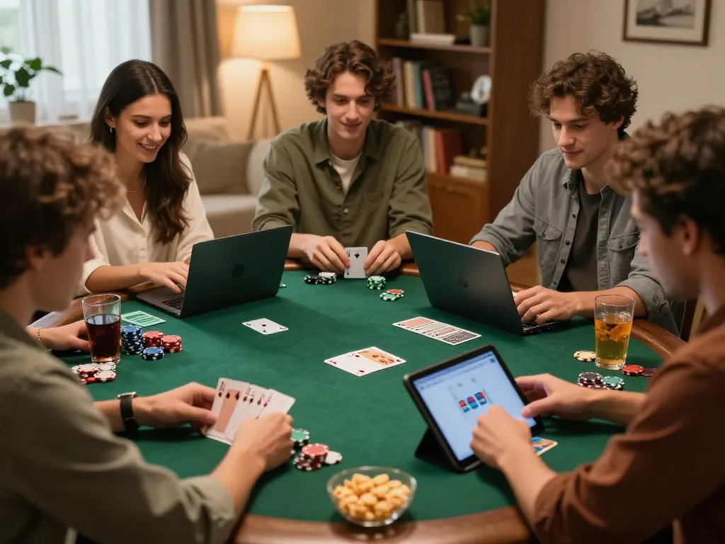 Friends playing online poker at home using vt88 com, showcasing cards and chips in a relaxed atmosphere