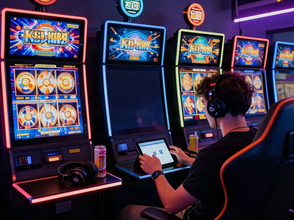 Engaging scene of a player interacting with slot88 games on a tablet, showcasing colorful graphics and a lively gaming atmosphere.