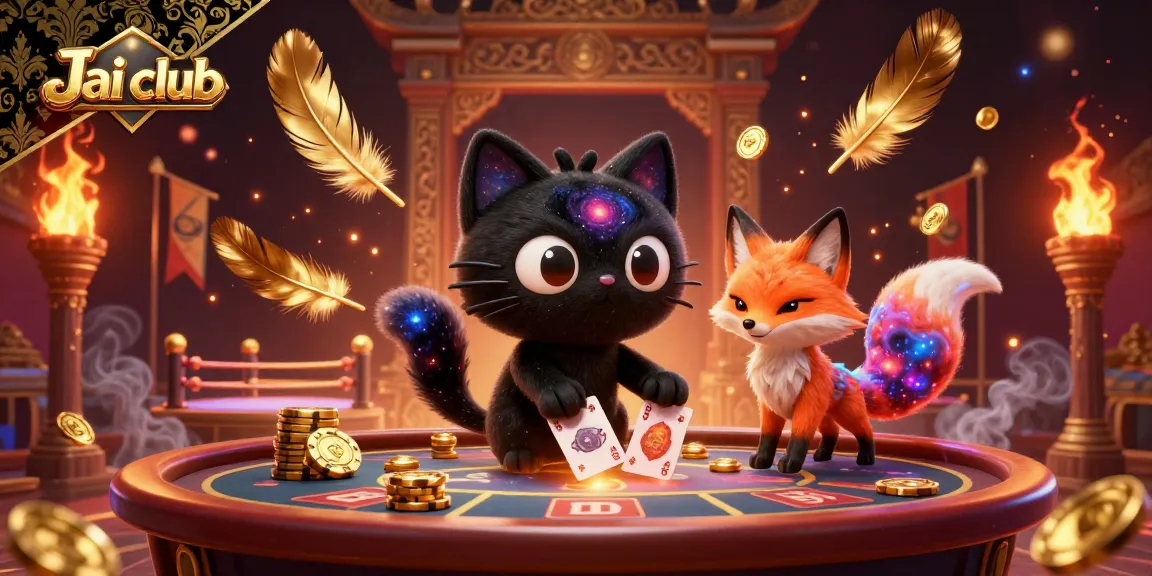 Engage with the Jai club cosmic casino, featuring a black hole cat and nebula fox in a vibrant 3D scene.