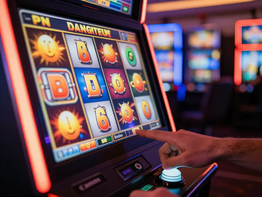 Engaging player enjoying a slot bonus at the casino, with colorful reels spinning and jackpot symbols.