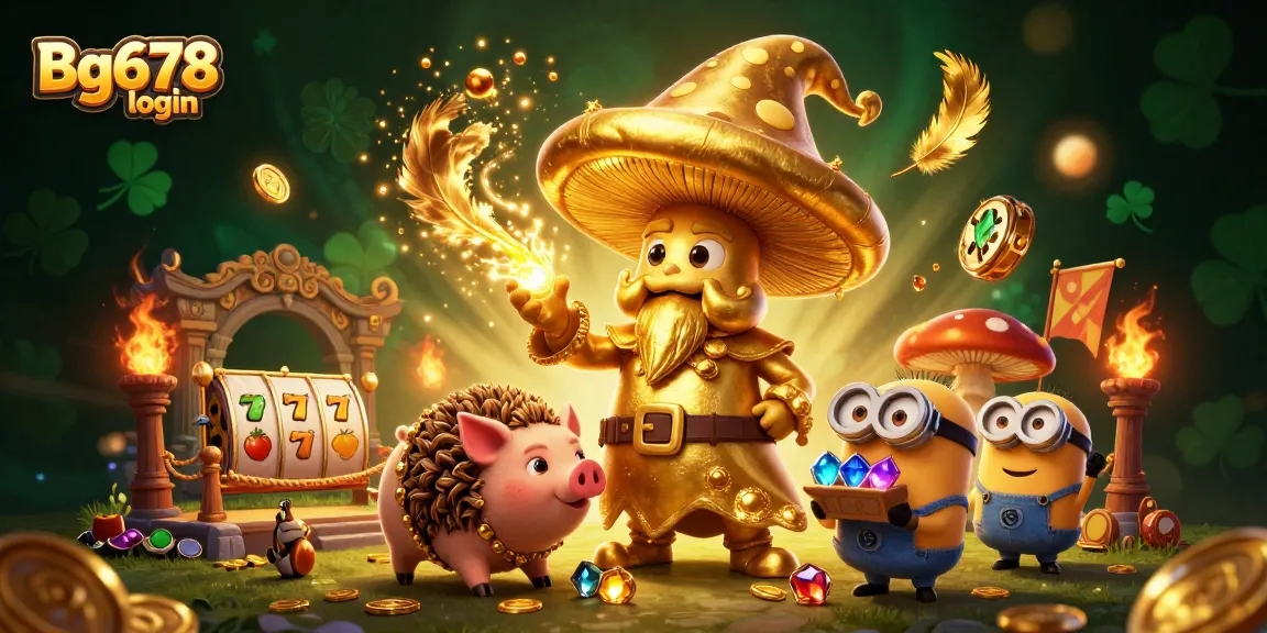 Experience the thrilling Bg678 login with a magical golden mushroom wizard and treasure-filled scene.
