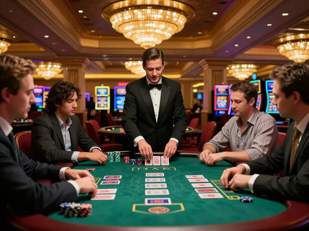 Players engaged at a blackjack table on s8.com, showcasing strategic card gameplay in a vibrant Las Vegas casino.