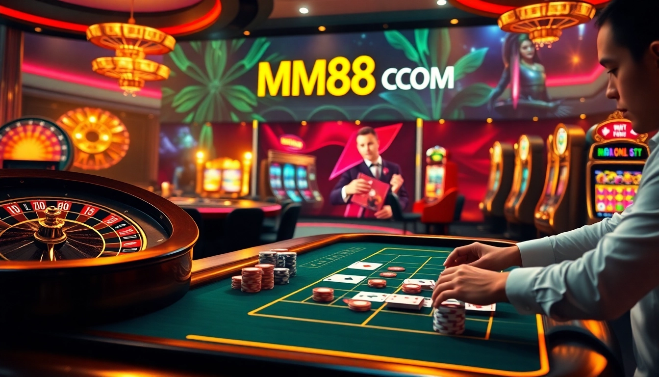 Experience immersive online gaming with MM88 COM, featuring vibrant casino tables and action-packed visuals.