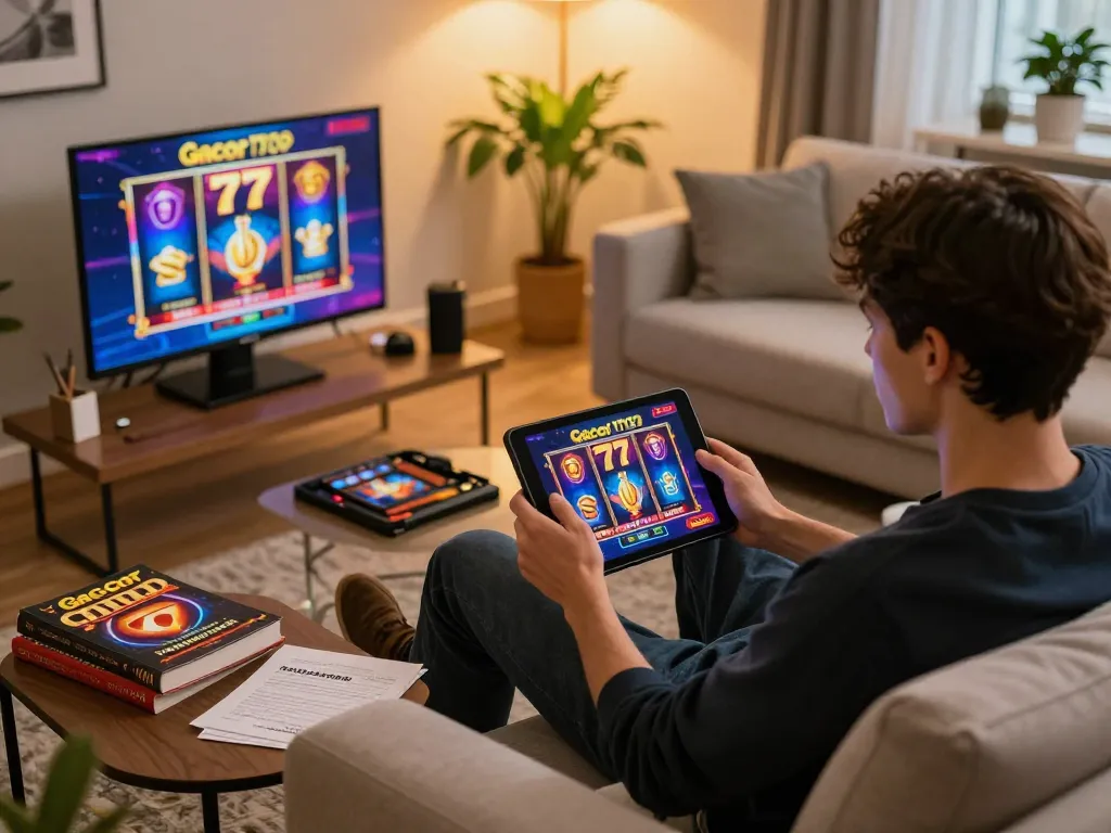 Engaging with slot gacor 777 on a tablet in a cozy home gaming setup, showcasing responsible gambling.